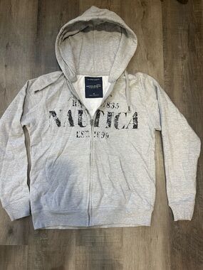 Nautica Light Gray Full-Zip Hoodie with Navy Label